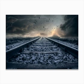 Photography Of Train Rail Track Storm Landscape Railway Clouds Canvas Print