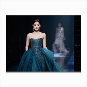 Asian Woman Posing Effortlessly In Haute Couture High Fashion Runway Walk Lavish Fabrics Cascading (2) Canvas Print