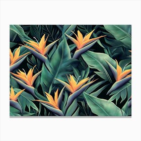 Seamless Pattern, Tropical Strelitzia Flowers, Palm Leaves in Green Color Canvas Print