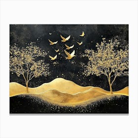 A Golden Landscape with Golden Birds, Trees, And Gold Shapes Canvas Print