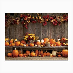 An Autumn Harvest Table Spanning Old Rustic Wooden Planks Teeming Under The Weight Of Vibrant Fre (1) Canvas Print