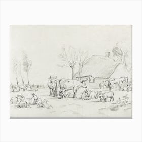 Farmyard With Cattle And Milking Woman, Jean Bernard Canvas Print