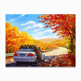 Autumnal Landscape Autumnal Leaves Cascading Down As A Car Adorned With Holiday Wreaths And Ribbon (5) Canvas Print