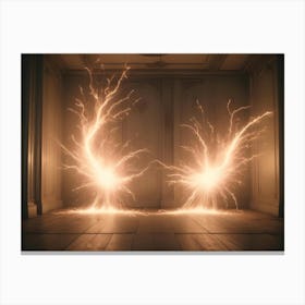 Two Bursts Of Bright, Electric Sparks Collide In The Center Of An Empty Vintage Room With Wooden Floors And White Walls Adorned With Moldings Canvas Print