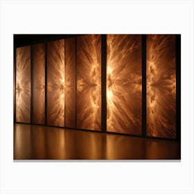 Interior Design Of An Art Gallery With Five Large Panels Illuminated By A Glowing, Golden Pattern Resembling A Galaxy Canvas Print