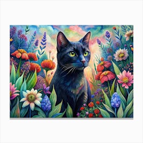 Black Cat Sitting In A Field Of Flowers Canvas Print