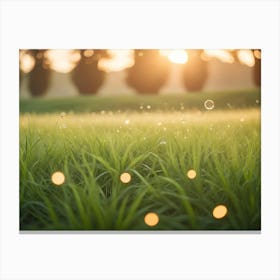 A Close Up Shot Of A Grassy Field At Sunset, With Water Droplets And Bokeh Effects 2 Canvas Print