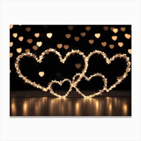 Two Intertwined Heart Shapes Made Of String Lights, Glowing Softly Against A Black Background With Out Of Focus Heart Shaped Bokeh Lights Canvas Print