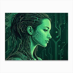 An Illustration Of A Woman S Face, Digitally Rendered With Circuit Board Patterns And Lines Canvas Print