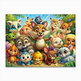 Group Of Cute Cartoon Animals In A Forest Canvas Print