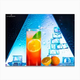 Bold Geometric Layers Cascading Over A Glass Of Vibrant Soft Drinks Neon Colored Hexagons And Trian Canvas Print