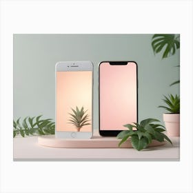 Photo Of Two Smartphones On A Pink Stand With Plants And A Green Background Canvas Print