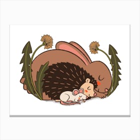 Rabbit Hedgehog Mouse Sleeping Between Dandelions Naptime Gang Canvas Print