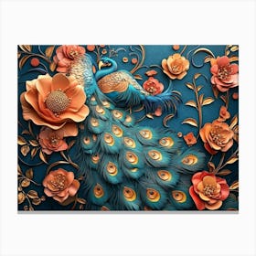 Elegant Leather Base Combines Bright Color Floral with Exotic Oriental Pattern Flowers and Peacocks 4 Canvas Print