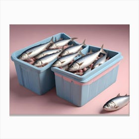 Two Blue Plastic Crates Overflowing With Silver Fish Sit On A Pink Background Canvas Print