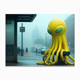 Friendly Yellow Alien Tentacles Curled Gently Around A Hand Rail Waiting At A Bus Stop Pastel Hue Canvas Print