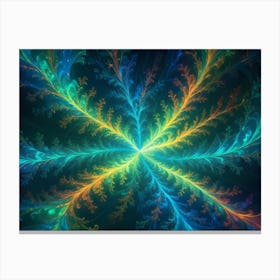 An Abstract Fractal Image Featuring Swirling, Glowing Lines And Shapes In Shades Of Blue, Green, And Orange On A Dark Background Canvas Print