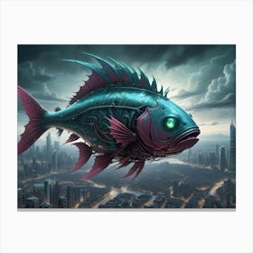 An Illustration Of A Futuristic, Metallic Fish Flying Over A Cityscape Canvas Print