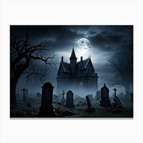 Frightened Souls Hovering Over A Mist Enshrouded Graveyard Full Moon Piercing Through Ominous Cloud (4) Canvas Print