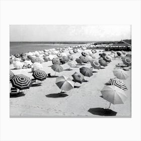 Umbrellas On The Beach, Vintage Black and White Old Photo Canvas Print