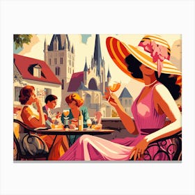 women having a drink in a cafe terrace wall art poster Canvas Print