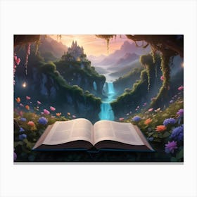 A Magical, Fantastical Illustration Of A Forest Scene With A Large Book Open On A Path, Revealing A Beautiful Castle Nestled Among Mountains And A Waterfall Canvas Print