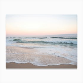 Pastel colors at sunrise. At the beach at Praia da Adraga in Portugal - pink and blue nature and travel photography by Christa Stroo Canvas Print