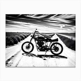 Motorcycle On A Dirt Road, black and white monochromatic art Canvas Print