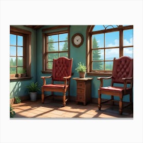 A Cozy Room With Two Red Leather Chairs, A Small Table, And Two Potted Plants, All Set Against A Backdrop Of Windows Overlooking A Forest Canvas Print