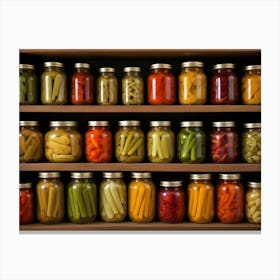 Wooden Shelves Overflowing With Jars Of Pickled Vegetables Canvas Print