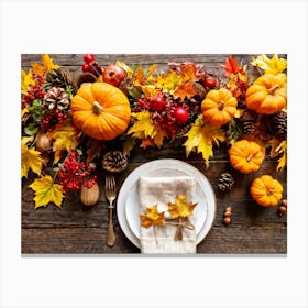 Autumn Themed Table Decor Featuring An Assortment Of Yellow And Orange Leaves Acorns Amidst A Garde (4) Canvas Print