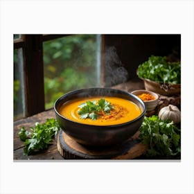 Autumn Pumpkin Curry Soup Steaming In An Earthenware Bowl Vibrant Orange Against Dark Green Lettuc (6) Canvas Print