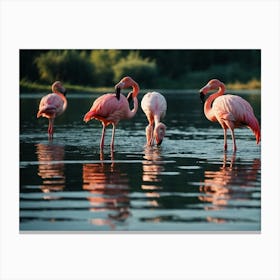Flamingos In The Water Canvas Print