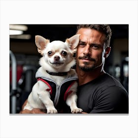 Bodybuilder holding cute Chihuahua dog 3 Canvas Print