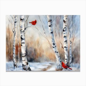 Winter Forest With Birch Trees & Cardinals Canvas Print