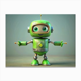 A Green Cartoon Robot With Big Eyes, Smiling And Waving With Both Arms Canvas Print