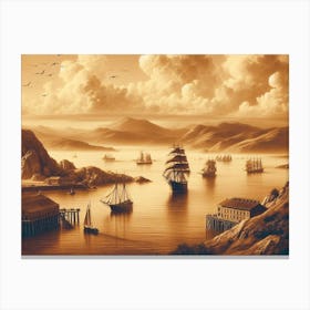 Vintage Sepia Prints Of Ocean With Ships 1 Canvas Print