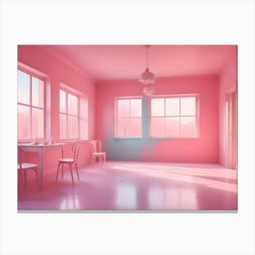 3d Illustration Of A Pink Room With A White Table And Chairs, Windows With A View Of A Pastel Colored Landscape, And A Hanging Light Fixture Canvas Print