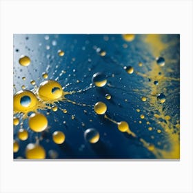 A Macro Photograph Of Yellow And Clear Water Droplets On A Dark Blue Surface, Creating A Dynamic And Artistic Pattern Canvas Print