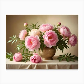 Classic Still Life Of A Bouquet Of Pink And White Peonies In A Decorative Brass Vase On A Table With A Soft, Painterly Background Canvas Print