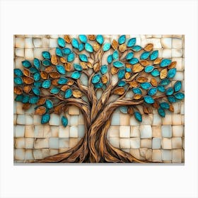 Fantasy Themed 3d On Wooden Oak with White Lattice Tiles, Tree with Kaleidoscopic Canvas Print