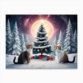 Christmas Cats by Christmas Tree Canvas Print