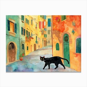 Black Cat In Pescara, Italy, Street Art Watercolour Painting 3 Canvas Print
