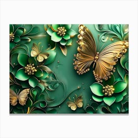 3D Gold Butterflies On A Green Background Canvas Print