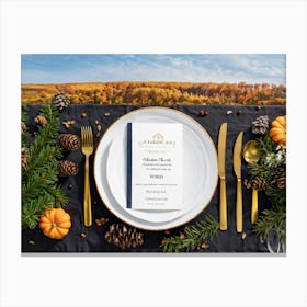 A Detailed Close Up Illustration Captures An Autumnal Table Setting Festive Dinner Arrangement Taki (2) Canvas Print