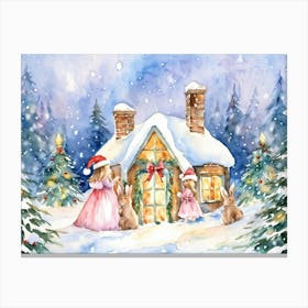 Watercolor Painting Of Christmas Bunnies Adorned Santa Hats Nestled Between Snow Dusted Evergreens 1 Canvas Print