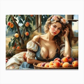 Beautiful And Alluring Blonde In Low Cut Dress With Peaches Contemplates the Bountiful Peach Harvest 6 Canvas Print