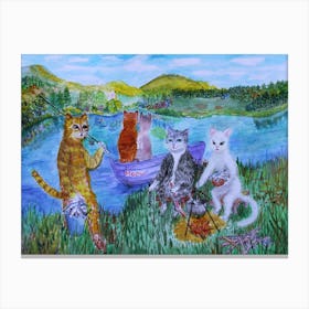 Cats Have Fun A Picnic By The River Canvas Print