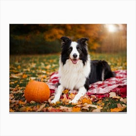 Autumnal Backdrop Transitioning Into Winter An American Border Collie Sits On A Bed Of Fallen Leave (1) Canvas Print