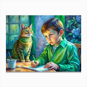 Boy Writing In Notebook With Cat Watching Canvas Print